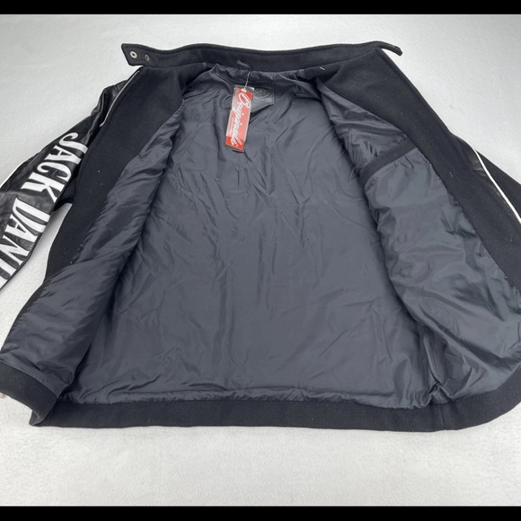 NWT Bishop Jack Daniels Wool Leather Sleeve Bomber Moto Jacket Sz XL Black White - Picture 3 of 13